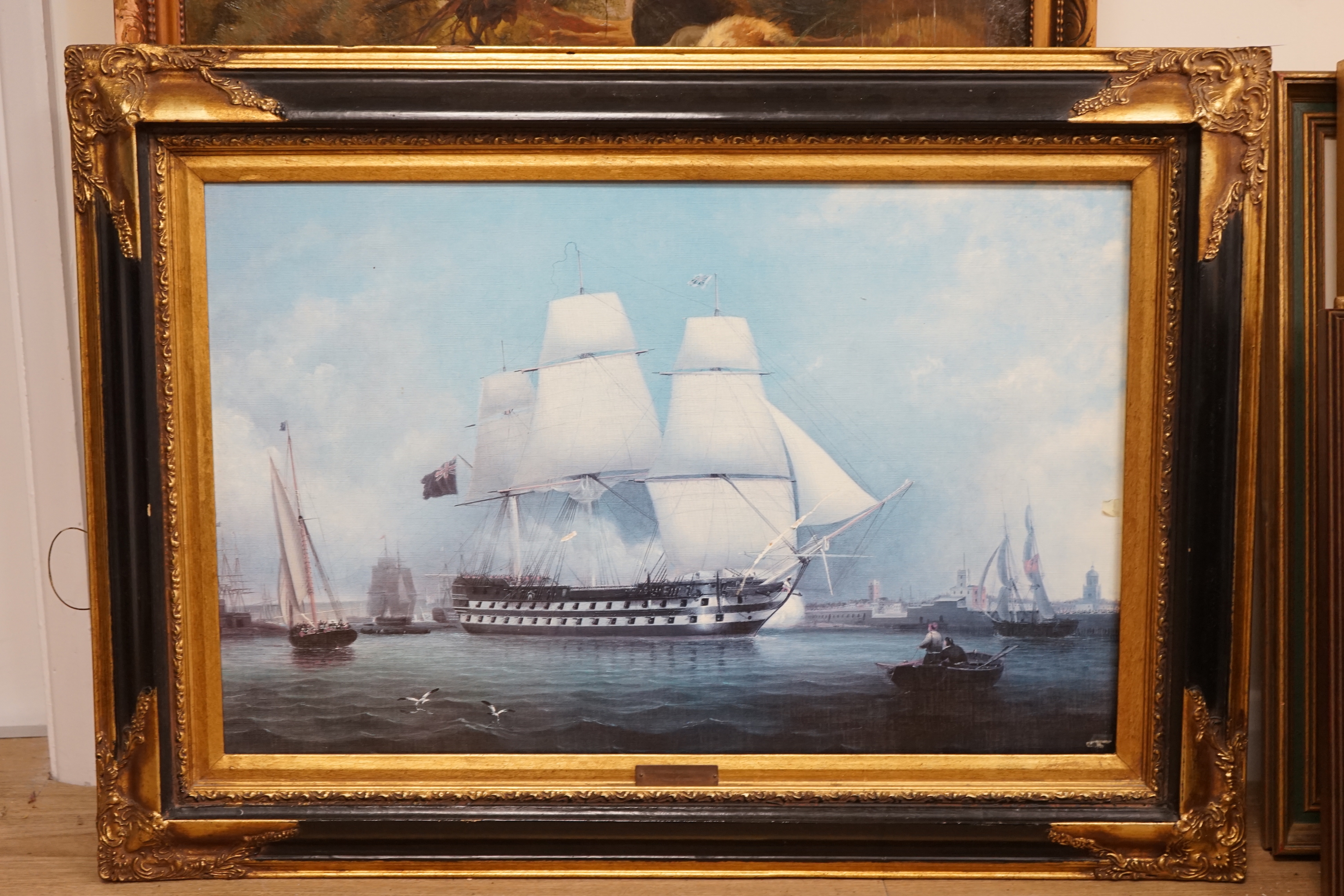 Lieutenant Robert Strickland Thomas R.N. (1787-1853), modern oleograph print, 'HMS Revenge', 44 x 70cm